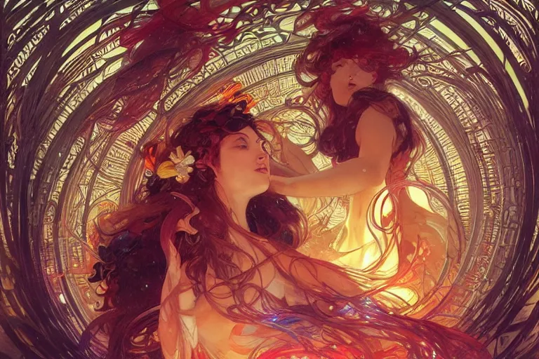 Image similar to a garden of sound, arcs of fiery neon light, swirling mystical particles and musical notes floating, beautiful, intricate, highly detailed concept art by artgerm and greg rutkowski and alphonse mucha