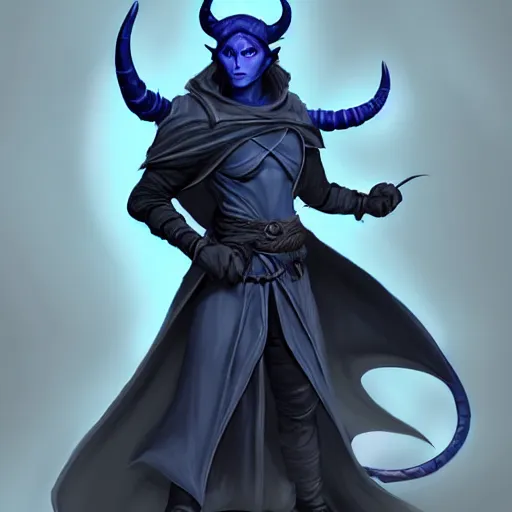 Prompt: D&D character concept art of a cloaked tiefling, tiefling rogue, blue skin color with short horns on head and a devil tail, fighting pose of a Rogue holding daggers, black cloak hidden in shadows, full body pose, soft colors, fantasy, intricate, elegant, highly detailed, digital painting, artstation, concept art, smooth, perfect face, sharp focus, illustration, wide angle shot, full body visible, art by artgerm and H R Giger and alphonse mucha