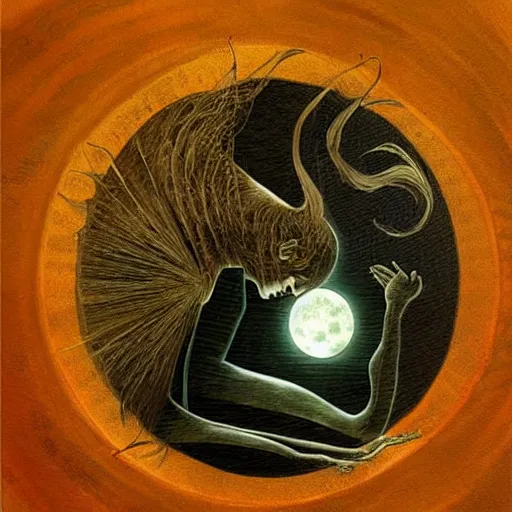 Prompt: looking at the full moon, transparent soul leaving the body, intricate details, brushstrokes, art by loish, dave mckean