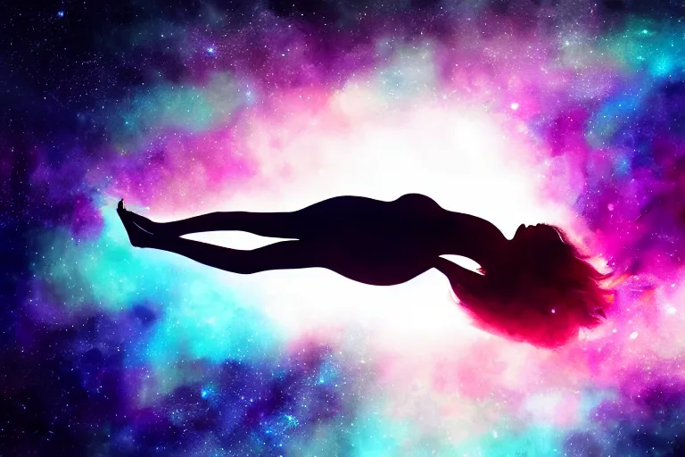 Prompt: silhouette of a girl laying horizontally suspended in air with long hair, she's exploding into incredible stars and nebula, dramatic abstract digital painting, trending on artstation