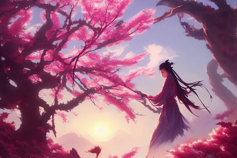 Prompt: wuxia, dragon, cherry blossoms, unreal engine, fantasy art by greg rutkowski, loish, rhads, ferdinand knab, makoto shinkai and lois van baarle, ilya kuvshinov, rossdraws, tom bagshaw, global illumination, radiant light, detailed and intricate environment