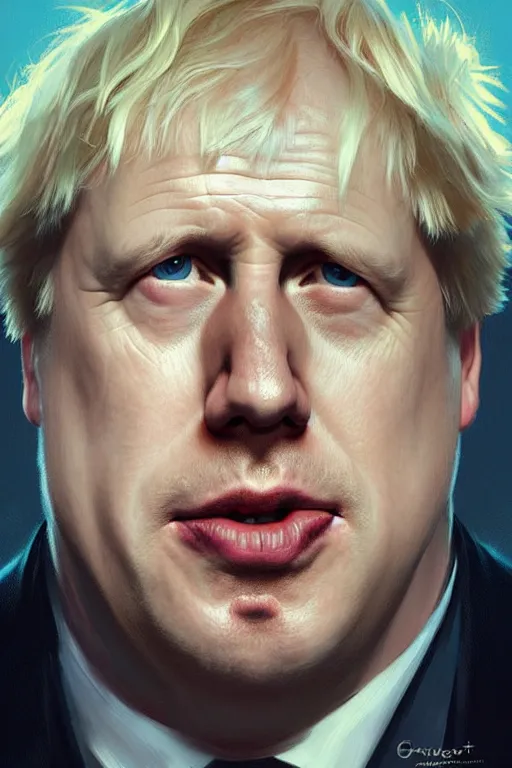 Image similar to Boris Johnson vs Putin face to face, highly detailed, digital painting, artstation, concept art, smooth, sharp focus, illustration, cinematic lighting, art by artgerm and greg rutkowski and alphonse mucha