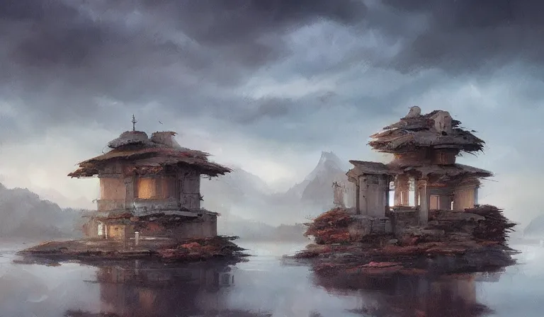 Prompt: A serene landscape with a singular building in the style of Christophe Young.