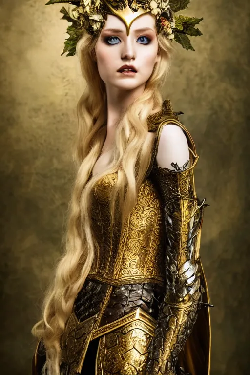 Image similar to very beautiful elven top model, golden hair, wearing dolce & gabbana gothic victorian armor with leaves and flowers, luxury materials, symmetrical, cinematic, elegant, professional studio light, real dlsr photography, sharp focus, 4 k, ultra hd, sense of awe, high fashion
