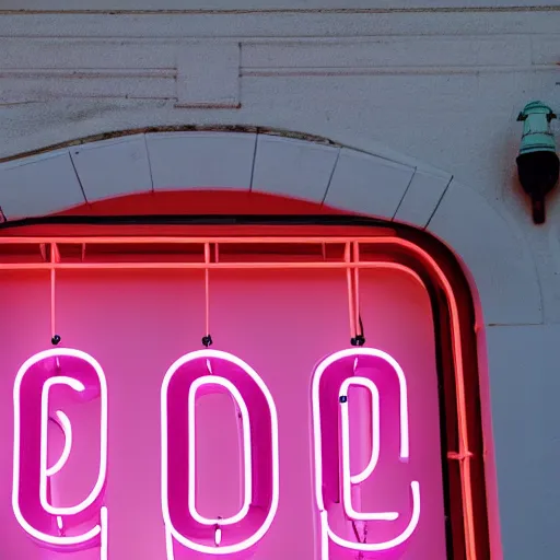 Image similar to A pink neon sign with rounded lowercase letters spelling ODOO above the front door of a cathedral