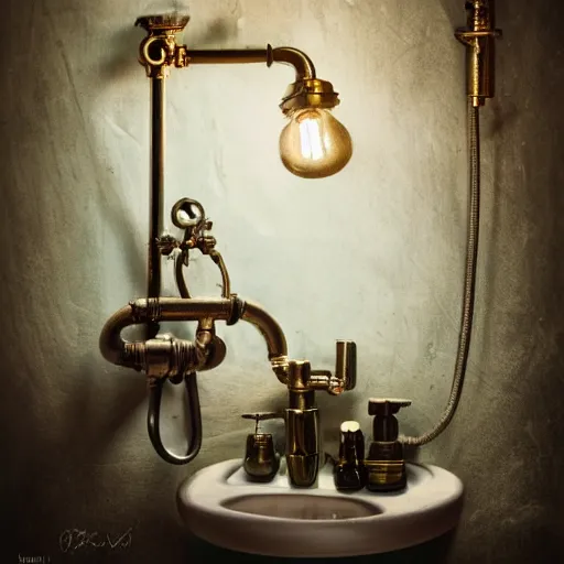 Prompt: steampunk bright tiny bathroom in the warm morning light, soap, bubbles, small perfumes, beautifully lit, painting, high resolution, trending on artstation