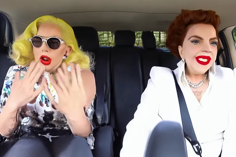 Image similar to lady gaga and judy garland carpool karaoke, highly realistic, highly detailed, high resolution, 8 k 4 k,