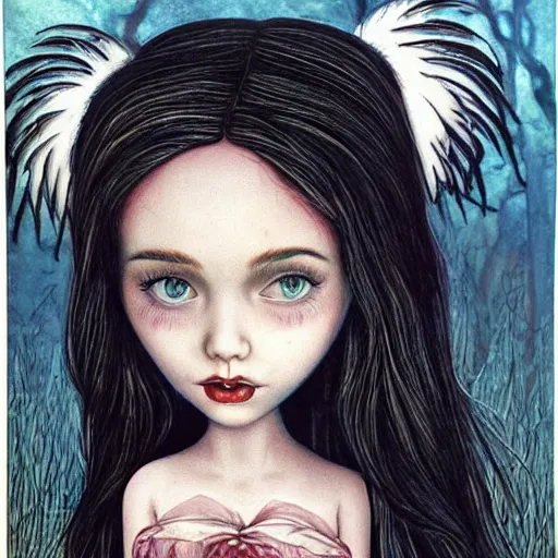 Image similar to young innocent jennifer connelly as innocent gothic beauty with black feathers instead of hair, eyes closed, sad, feathers growing out of skin, in feminine bedroom full of collectible dolls, romantic, comic book cover, vivid, beautiful, illustration, highly detailed, rough paper, dark, oil painting