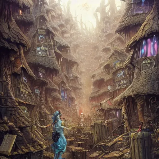 Prompt: an epic hyperdetailed 3 d matte painting of a wiccan shantytown in the victorian village surrounded by colossal biomorphic hallucinogenic demonic eldritch beings by peter mohrbacher by gerald brom by yoji shinkawa by richard michael gorman powers n - 9