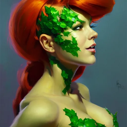 Image similar to Greg Manchess portrait painting of Poison Ivy as Overwatch character, medium shot, asymmetrical, profile picture, Organic Painting, sunny day, Matte Painting, bold shapes, hard edges, street art, trending on artstation, by Huang Guangjian and Gil Elvgren and Sachin Teng