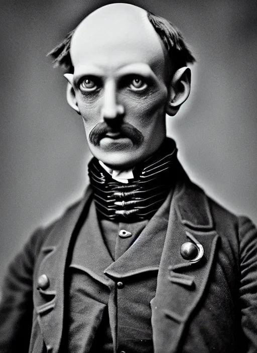 Image similar to portrait of a victorian alien wearing a a military jacket, victorian, detailed face, highly detailed, cinematic lighting, photograph by elliott & fry