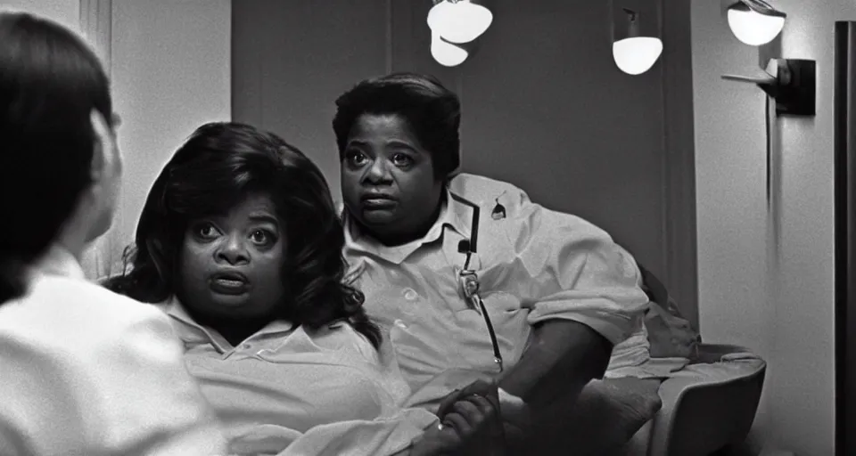 Image similar to cinematic shot from a 1 9 8 5 thriller, a octavia spencer implants device in joe manchin's ear, fancy apartment, film directed by stanley kubrick, color theory, leading lines, photorealistic, volumetric lighting