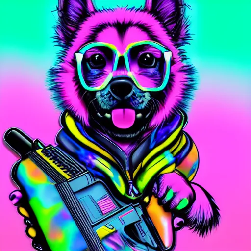 Image similar to portrait of a puppy with UV neon fur holding a gun, in style of Lisa Frank, Artgerm, WLOP, featured on Artstation, deviantart