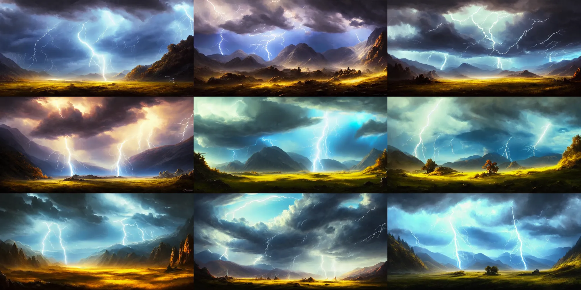 Prompt: a beautiful ancestral highland valley with a big blue sky, bright sun, clouds and a single bolt of lightning, holy and sacred, ground perspective; detailed, best on artstation, raymond swanland, bayard wu, cosmic, epic, stunning, masterpiece