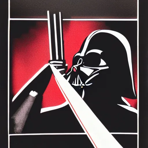 Prompt: silkscreen of darth vader throwing a paper airplane