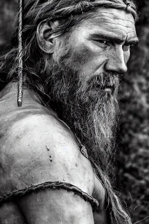 Image similar to realistic photograph of a rugged viking man in the middle of battle, highly detailed, cinematic, portrait, close - up,