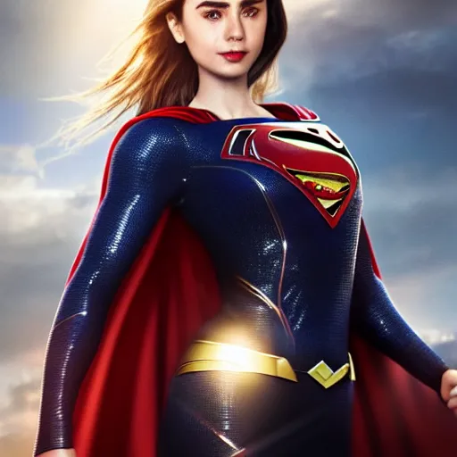 Image similar to a potrait of Lily Collins as Supergirl with man of steel suit style by Greg Rutkowski, Sung Choi, Mitchell Mohrhauser, Maciej Kuciara, Johnson Ting, Maxim Verehin, Peter Konig, 8k photorealistic, cinematic lighting, HD, high details, dramatic, trending on artstation, full body shot