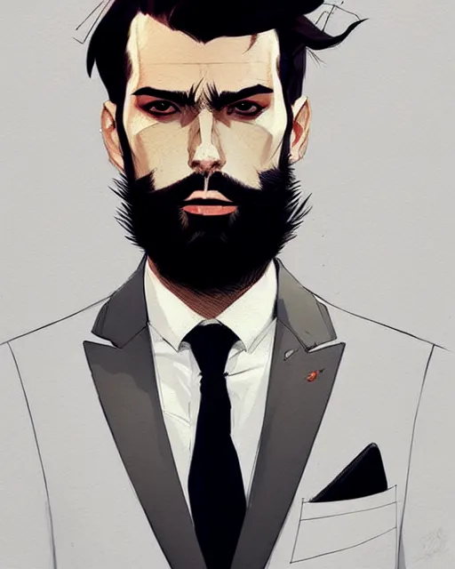 Prompt: a ultradetailed portrait painting of a stylish bearded man wearing suit outfit, by conrad roset, greg rutkowski and makoto shinkai trending on artstation