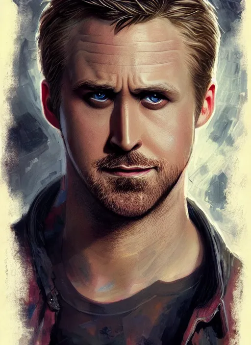 Prompt: portrait of ryan gosling, marvel comics, dark, intricate, highly detailed, smooth, artstation, digital illustration by ruan jia and mandy jurgens and artgerm and wayne barlowe and greg rutkowski and frank frazetta