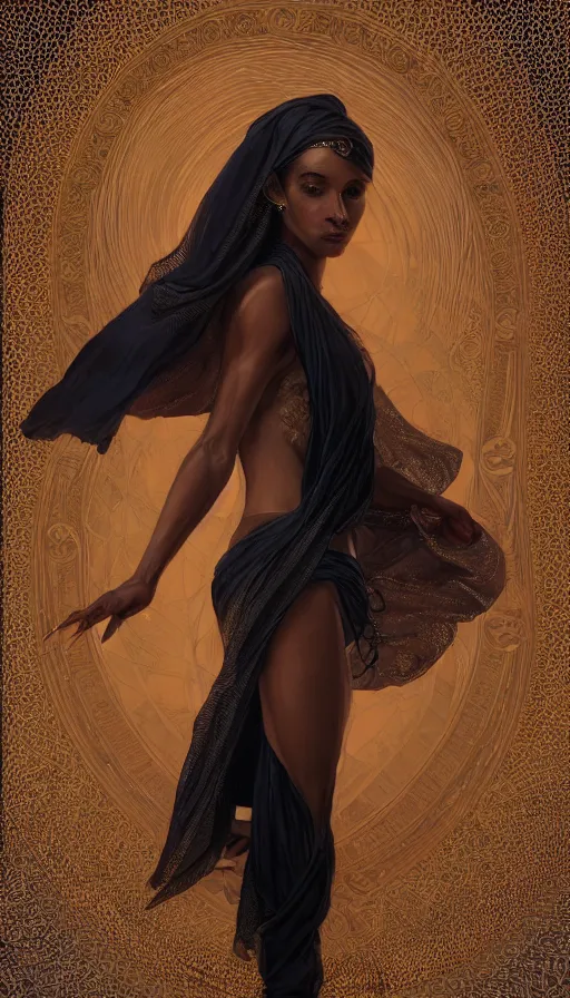 Image similar to dancer, arabian, black skin, veils, , sweaty, intricate fashion clothing, insane, intricate, highly detailed, digital painting, artstation, concept art, smooth, sharp focus, illustration, Unreal Engine 5, 8K, art by artgerm and greg rutkowski and alphonse mucha