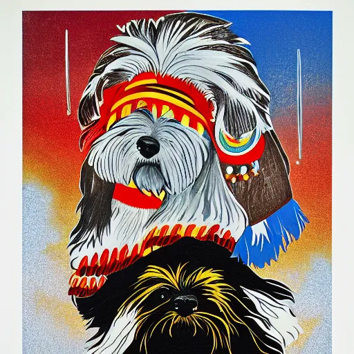 Prompt: tlingit haida lithographic, havanese dog, abstract lithograph print by nathan jackson and tristan - wolf and maynard johnny jr.