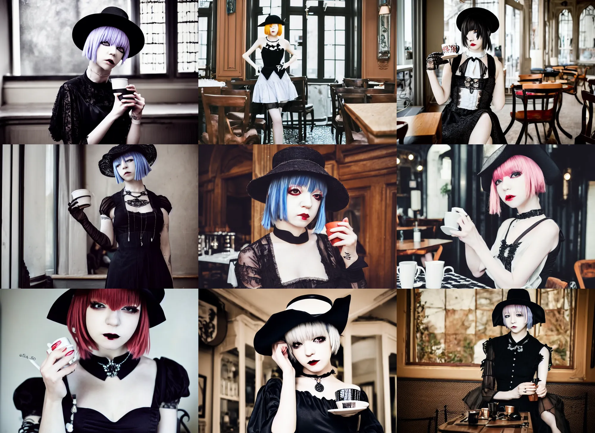 Prompt: full body portrait photo of reol wearing a elegant gothic dress, open top, wearing a chocker and cute hat, drinking coffee in a victorian cafe interior, dim lighting,, ( ( photograph ) ), moody, realistic, detailed, dark, skin tinted a warm tone, light blue filter, hdr, 8 k