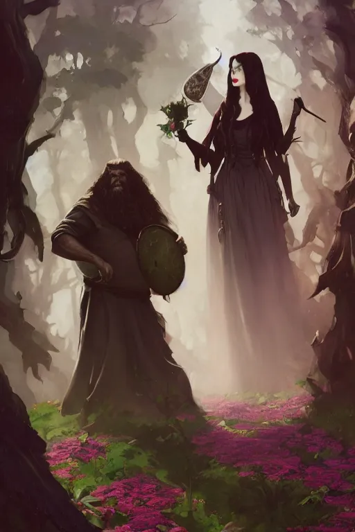 Image similar to hagrid the viking and gothic medieval morticia addams walking in enchanted forest with flowers, greg manchess painting by sargent and leyendecker, fantasy medium shot asymmetrical intricate elegant matte painting illustration hearthstone, by greg rutkowski by greg tocchini by james gilleard