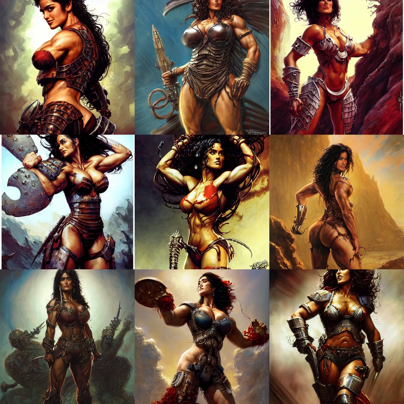 Prompt: muscular beautiful salma hayek wearing battle armor tombow artwork greg staples , dug stanat, norman rockwell , christophe young eytan zana , rumiko takahashi ,hd4K , trending on deviant art , superior quality ,