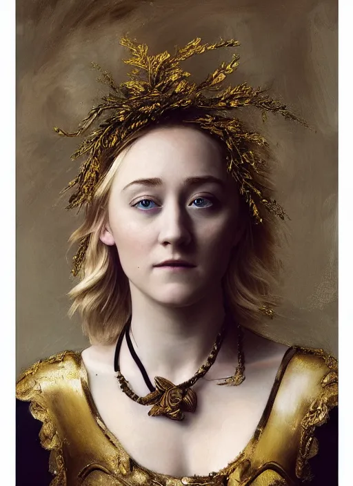 Prompt: beautiful rugged sultry thick saoirse ronan, blonde hair, wearing gold armour, posing seductive, smirk, ornate wreath, oil painting by titian, hard focus, portrait