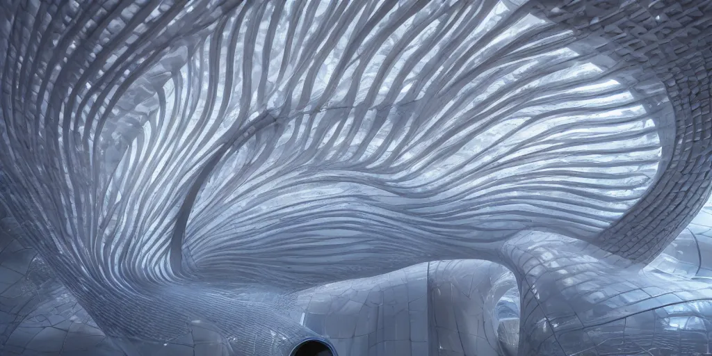 Image similar to extremely detailed awe stunning beautiful futuristic smooth curvilinear museum interior, translucent gills, hyper real, 8k, 3D cinematic volumetric light, atmospheric light