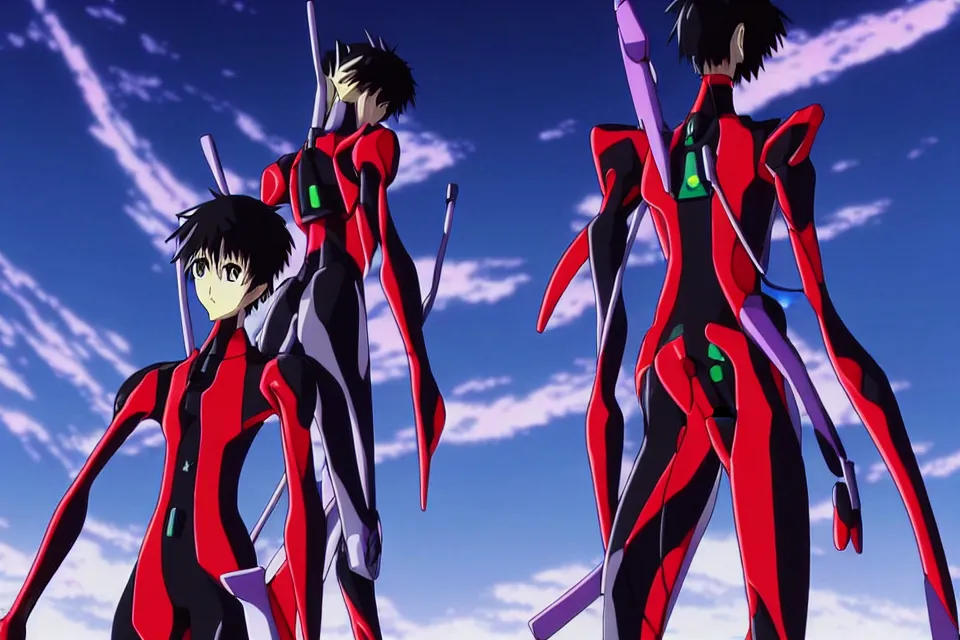 Image similar to anime illustration of black detailed lonely evangelion eva - 0 1 standing menacingly behind ikari shinji who is wearing a plugsuit, cinematic lighting, evangelion anime poster, rebuild of evangelion 1 0 8 0 p, 9 0 s anime aesthetic, volumetric lights, rule of thirds, unreal engine render, pinterest wallpaper, trending on artstation