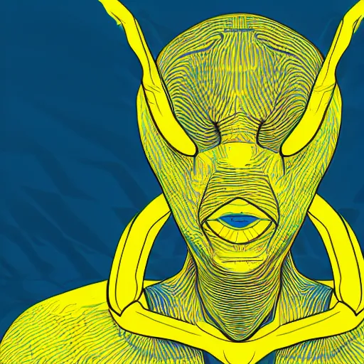 Image similar to human man that resembles a wasp morh in surreal sketch style, blue and yellow gradient, noise, ultrafine detail, hd 8k, logo illustration