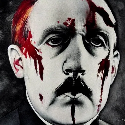 Prompt: a beautiful complex painting of adolf hitler with a bloody face face view