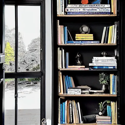 Prompt: A bookshelf and crypt style photo of the colour black.