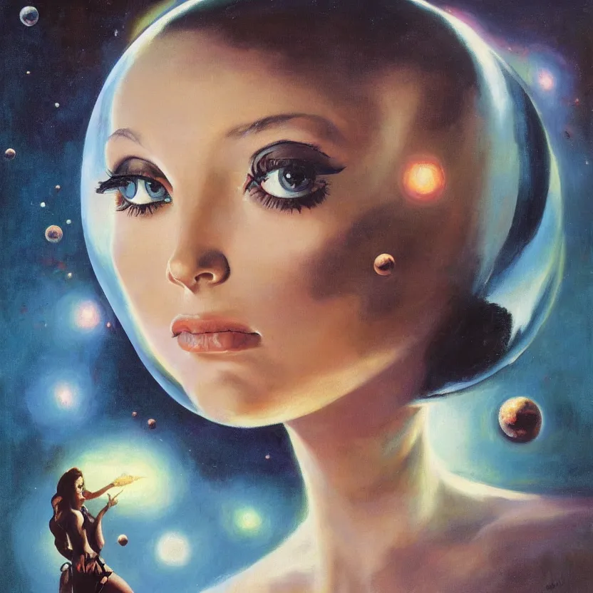 Prompt: close - up portrait painting of an elegantly beautiful alien woman with big eyes, by frank frazetta and norman rockwell. cosmic glowing bubbles. muted colors, soft gradients. dark background. trending on artstation. retrofuturism.