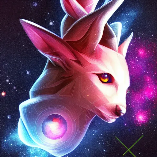 Prompt: geometric symmetrical umbreon with galaxy eyes in space, nebula in the background, intricate, elegant, highly detailed, digital painting, artstation, concept art, smooth, sharp focus, illustration, art by artgerm