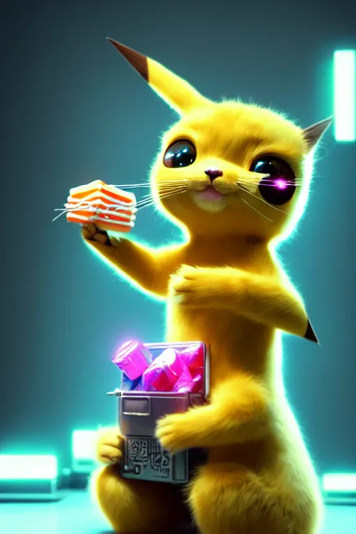 Image similar to high quality 3 d render very cute cyborg cat eating candy, cyberpunk highly detailed, unreal engine cinematic smooth, in the style of blade runner & detective pikachu, hannah yata charlie immer, moody light, low angle, uhd 8 k, sharp focus