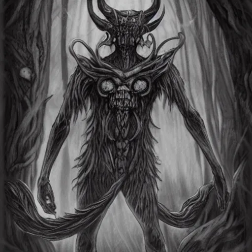 Prompt: ancient magus, fae, skulled creature with black fur, elegant, tendrils, forest, heavy fog, fantasy, ultra realistic