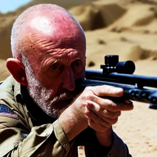 Image similar to Film still of Mike Ehrmantraut in American Sniper aiming with a sniper rifle, 4k, highly detailed