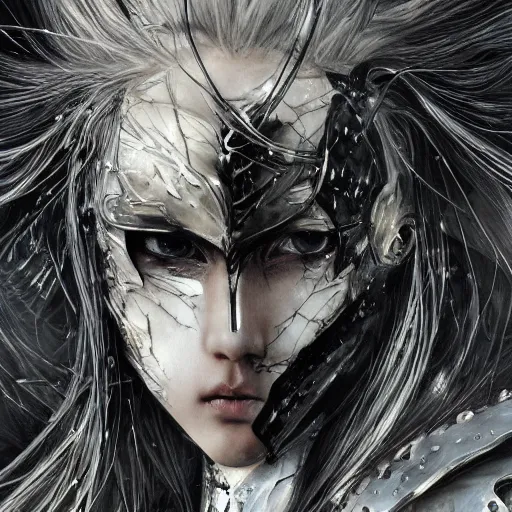 Image similar to Yoshitaka Amano realistic illustration of an anime girl with wavy white hair and cracks on her face wearing Elden ring armour with the cape fluttering in the wind, abstract black and white patterns on the background, noisy film grain effect, highly detailed, Renaissance oil painting, weird portrait angle