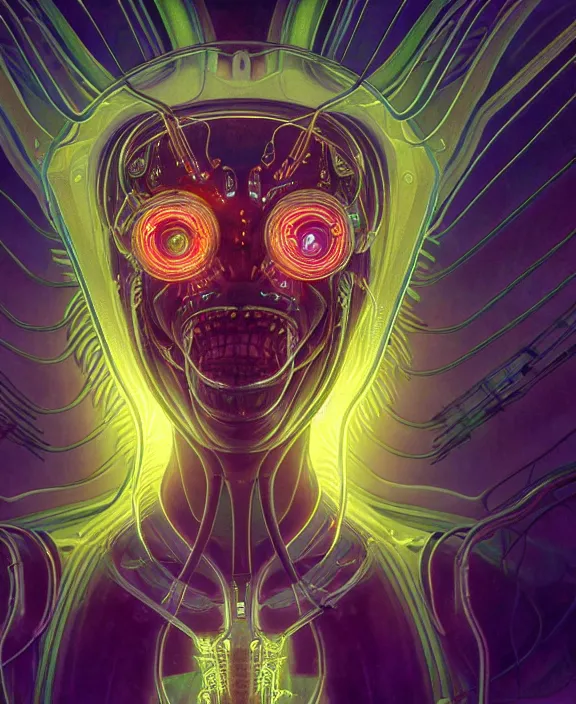 Image similar to intricate neon light portrait of a disturbing terrifying alien insect creature, mottling coloring, adorable, childlike, medical equipment hospital environment, ultra realistic, concept art, art nouveau, photorealistic, octane render, 8 k, unreal engine. art by christopher marley and artgerm and greg rutkowski and alphonse mucha