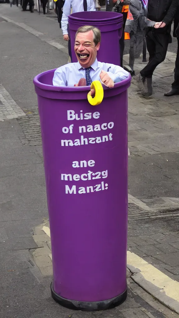 Image similar to nigel farage laughing maniacally whilst standing inside a bin on the street