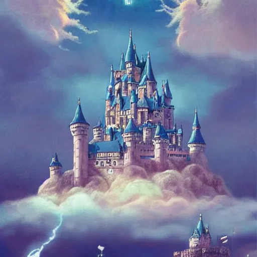 Prompt: a castle floating in a cloud with mythical creatures flying around it, exquisitely detailed, Miyazaki film, retro aesthetic, fantasy,