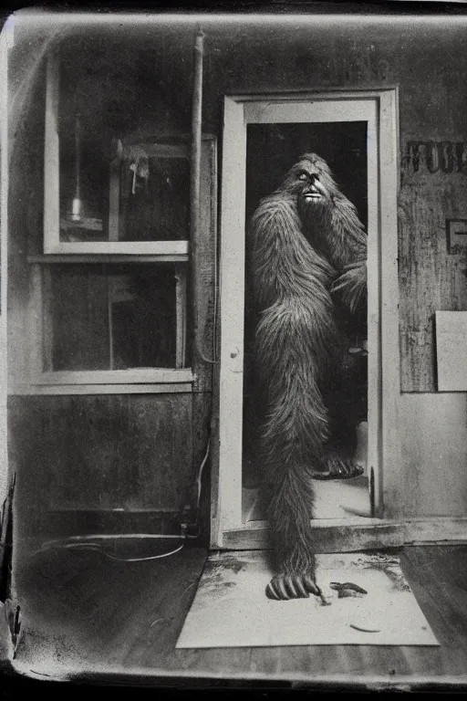 Image similar to a wet plate photograph of a Bigfoot going into a barber shop