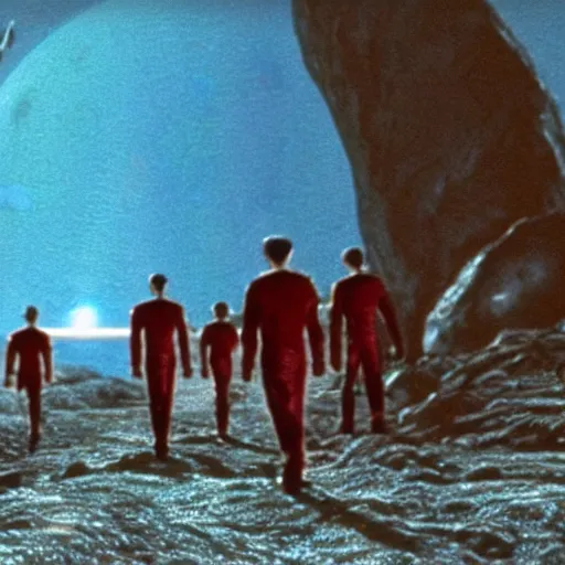 Prompt: a still from star trek showing a group of characters in red, blue, gold star trek uniforms in the far distance on an alien planet.