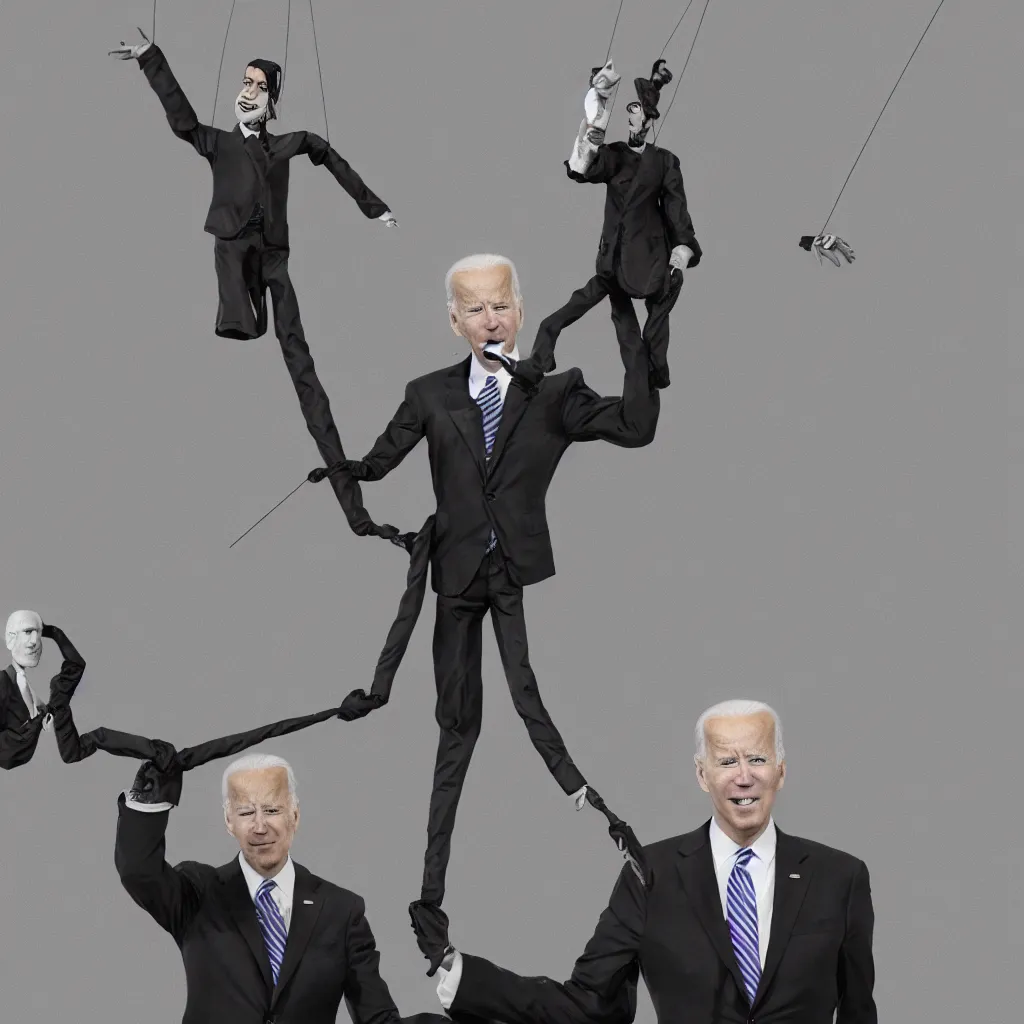Image similar to Joe Biden as a marionette, shadowy corporate CEO holding the strings, digital art, ominous atmosphere, highly detailed, low angle