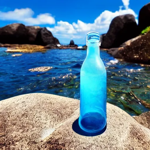 Image similar to bottle on a rock floating in the blue water surrounded by plethora of fauna and flora, bright blue skies up close shot, white background, zen, light, modern minimalist f 2 0 clean