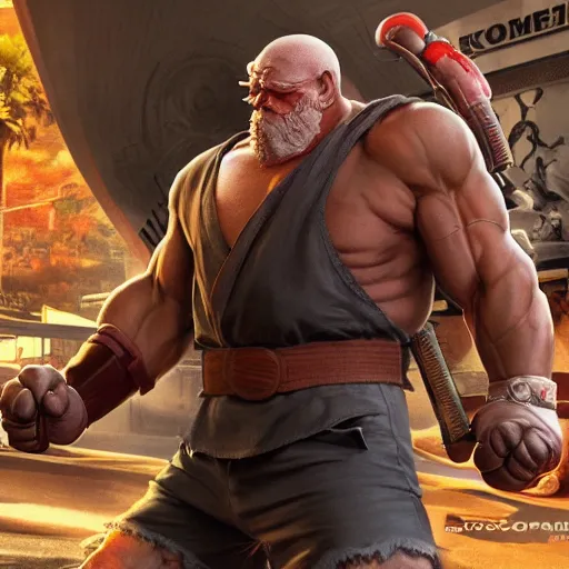 Image similar to ron pearlman as e. honda street fighter, ultra realistic, concept art, intricate details, highly detailed, photorealistic, octane render, 8 k, unreal engine, art by frank frazetta, simon bisley, brom