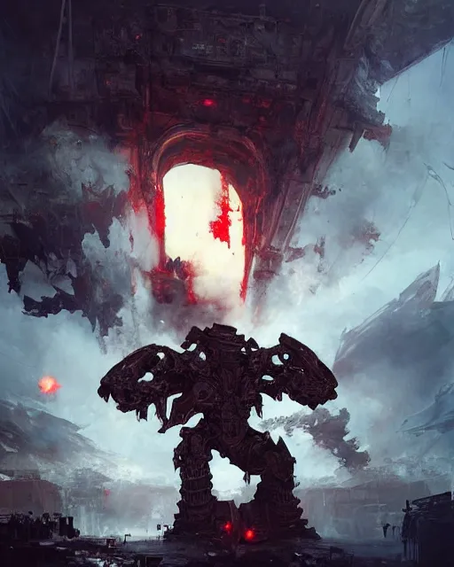 Prompt: in a ruined city, an imperator titan of death with huge canon as arms, short torso, tiny head, explosions dust smoke, concept art by emmanuel shiu and ruan jia and john berkey, trending on artstation