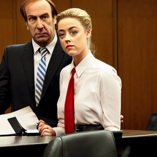 Prompt: Saul Goodman in a courtroom with Amber Heard